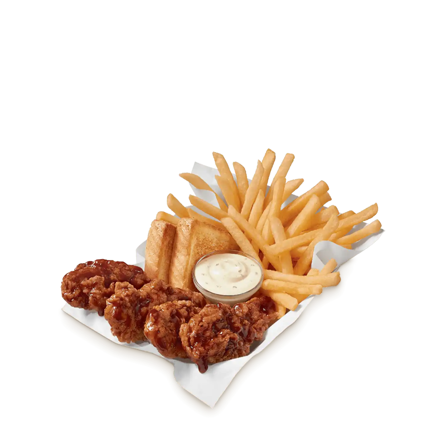 Honey BBQ chicken strips with fries, toast and dipping sauce