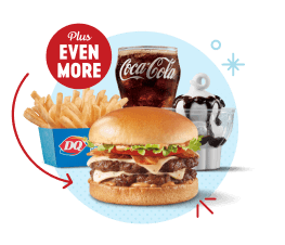 DQ Burger, fries, coke, and chocolate sundae