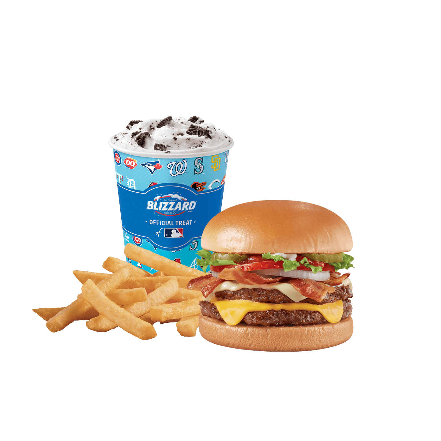 Bacon Two Cheese Stackburger, Oreo Blizzard Treat, and Fries